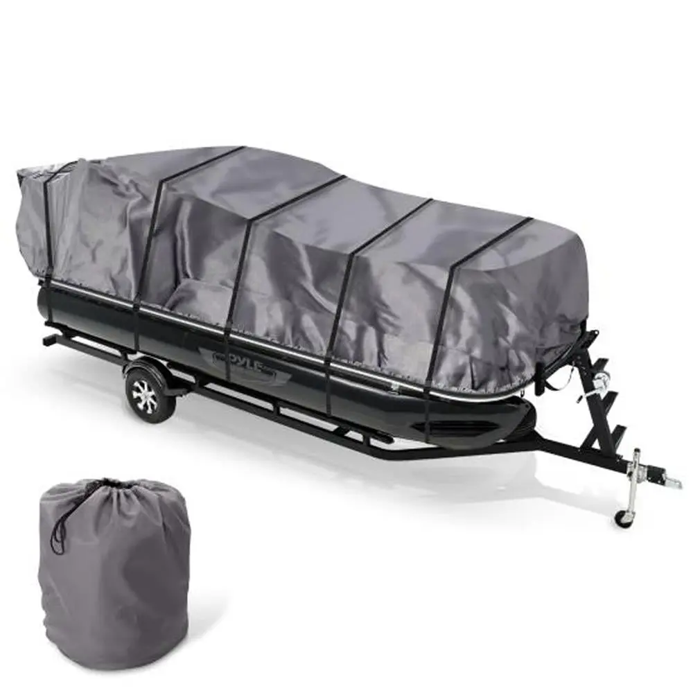 21-24ft Pontoon Boat Cover | 'Trail-able' Style Heavy-Duty 600D Marine-Grade Cover - Waterproof, Weatherproof & UV-Resistant Boat Cover with Elastic Cord All Around, & Support Pole - Travel Bag Included
