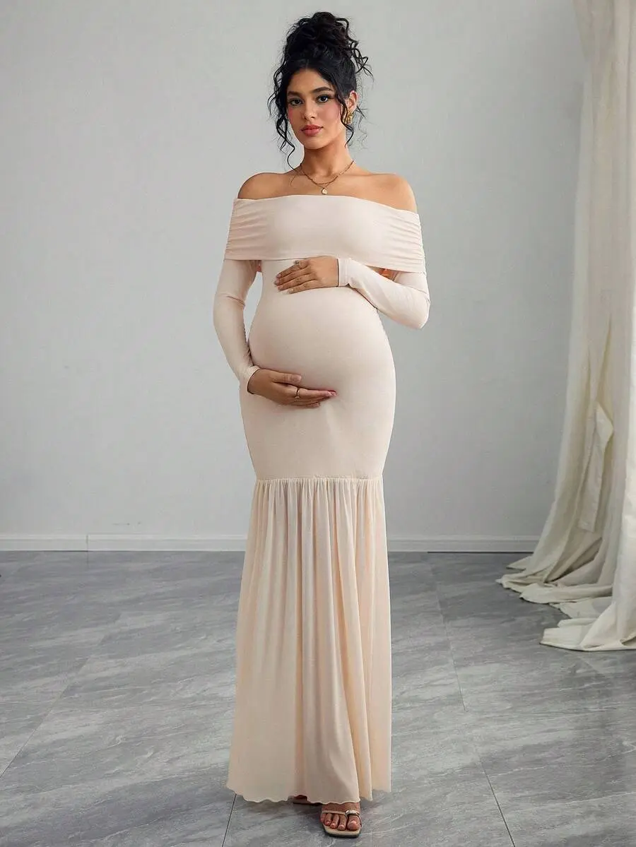 LAFERLIN Maternity Off Shoulder Long Sleeve Fitted Dress With Thigh-High Slit And Mesh Panels Fall