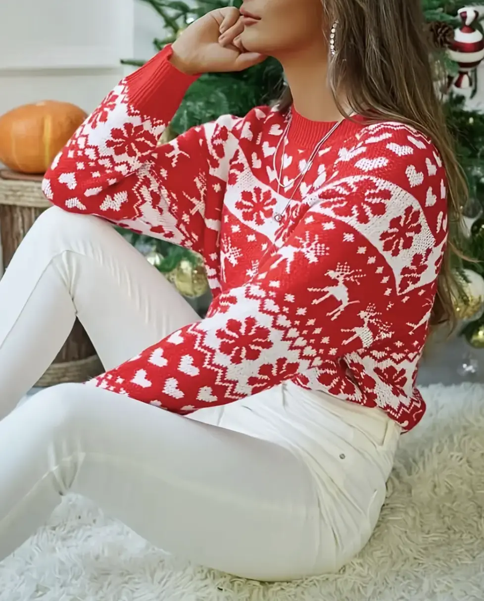 WOMEN’S RED PULLOVER SWEATER, CHRISTMAS FALL/ WINTER 2025 OUTFIT, ROUND NECK CASUAL CUTE PULLOVER SWEATER FOR WOMEN, SUITABLE FOR DAYLI OUTINGS, PARTIES, LADIES CHRISTMAS AUTUMN-WINTER CLOTHES