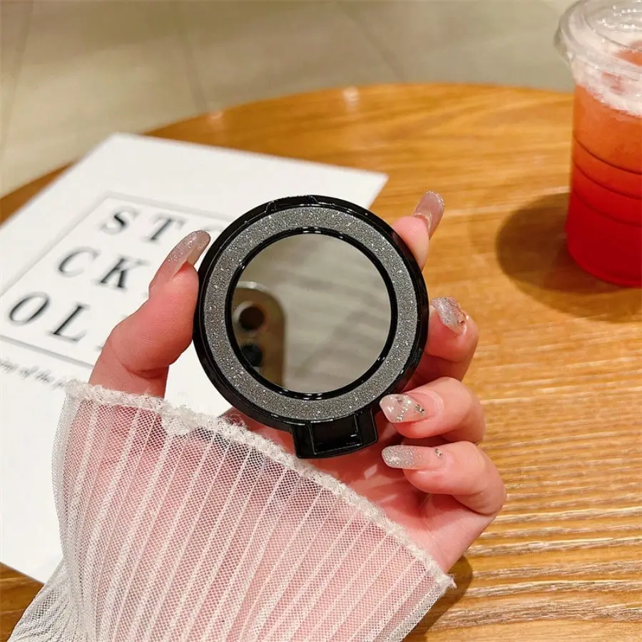 Electroplated glitter mirror foldable phone case stand, mirror self-adhesive magnetic phone stand, portable touch-up mirror, portable mini small round makeup mirror.