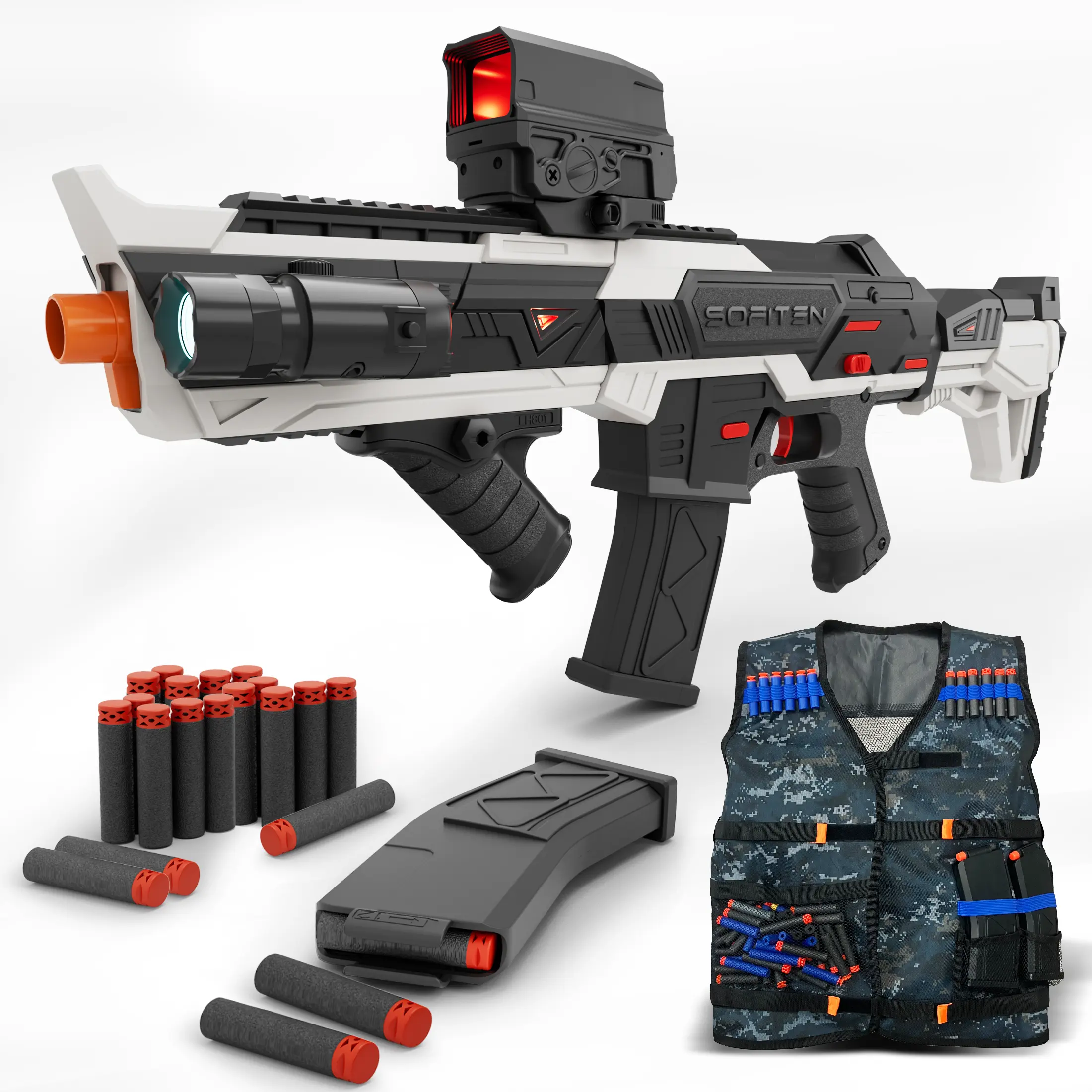 SOFITEN RHINO -  Electric Toy Gun Foam Dart Automatic Blaster Sniper Rifle with Tactical Vest, Adjustable Scope, Two Shooting Modes, Birthday Christmas New-Year Gifts for Kids Boys Teens Adults