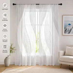 2pcs abstract monochrome wavy line pattern sheer polyester yarn curtains, see-through but not transparent, privacy-protecting rod-pocket yarn curtains, Home Decoration Curtain, suitable for living room and bedroom, Curtain for Windows, machine washable
