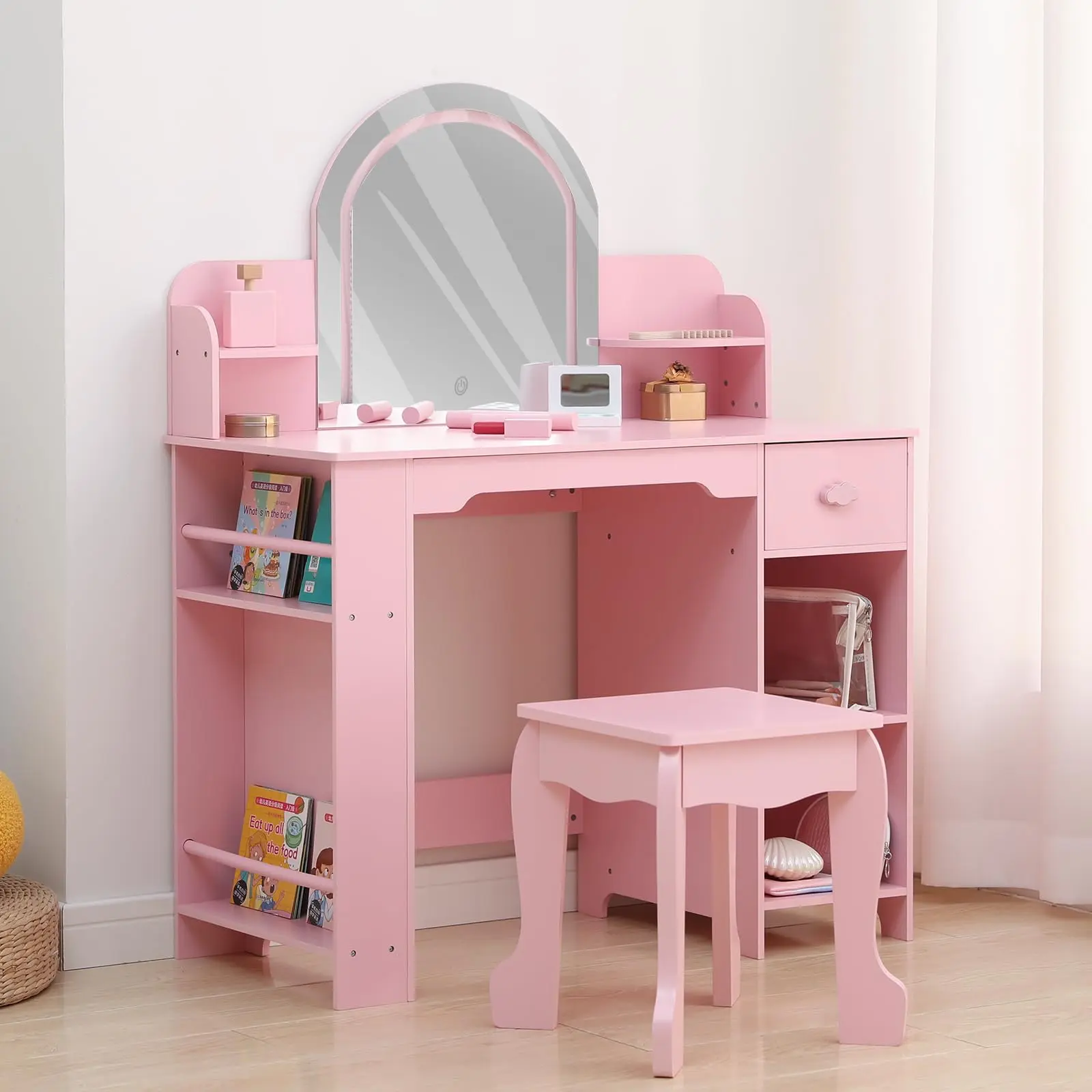 Lighted Mirror Kids Vanity Table with Stool – Wooden Princess Makeup Desk for Girls – Bookshelf, Drawer & Open Shelves – Ideal for Bedroom or Playroom