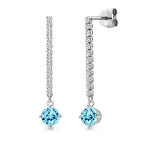 14K White Gold Blue Apatite and White Lab Grown Diamond Long Liner Dangle Earrings for Women | 1.35 Cttw | Gemstone Birthstone | Round 5MM | White Gold Chain Drop Earrings