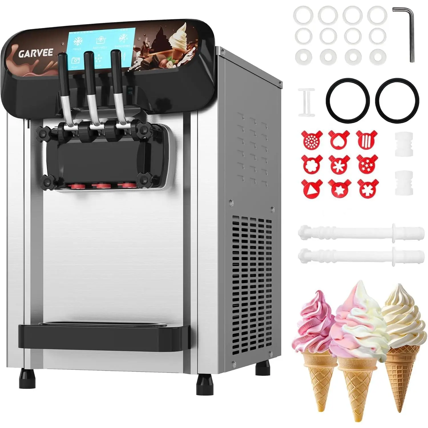 Commercial Soft Serve Ice Cream Machine 3 Flavors Countertop Soft Serve Maker with 5 Inch LED Touchscreen Dual 6L Hoppers 2000W Heavy Duty 304 Stainless Steel Ice Cream Maker for Food Truck Cafe Restaurant Buffet Parties