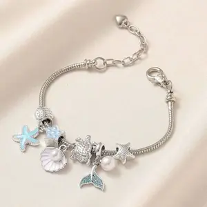 Mother Day Gift Luxury Ocean Charm Handmade Beaded Bracelet for Women – Sparkling Rhinestones, Seashells, Starfish & Sea Turtle Charms with Faux Pearls | Adjustable Copper Chain | Perfect Beach, Vacation & Gift Jewelry