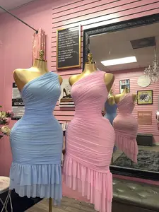 Glam Dress - Asymmetrical Neck Sleeveless Summer Plain Pattern Polyester Spandex Blend Fashionable Women's Wear Elegant Formal