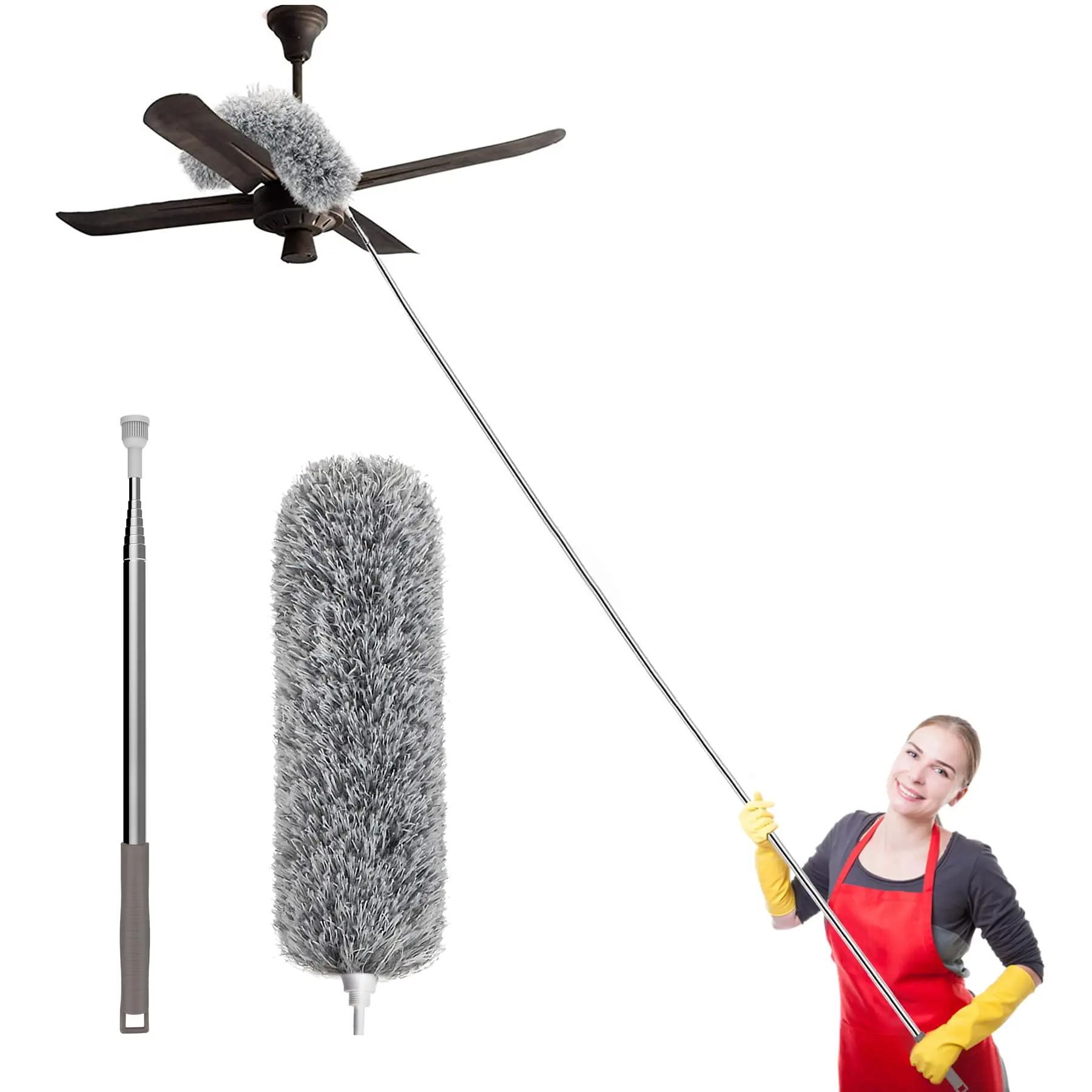 Extendable Microfiber Duster with 100-in Stainless Steel Extension Pole, Bendable Washable Head, Wet Dry Multisurface Household Cleaning Tool for High Ceilings, Ceiling Fans [New Deal]