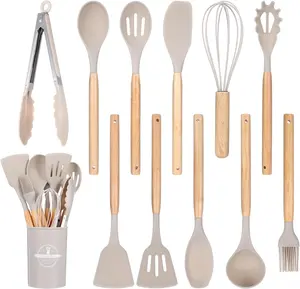 【Holiday Deals】12 Pcs Kitchen Utensils Set, 446°F Heat Resistant Silicone Cooking Utensils Set, Non-Toxic Wooden Utensil Set, Kitchen Gadgets Tools Set for Nonstick Cookware, Kitchen Accessories, Khaki