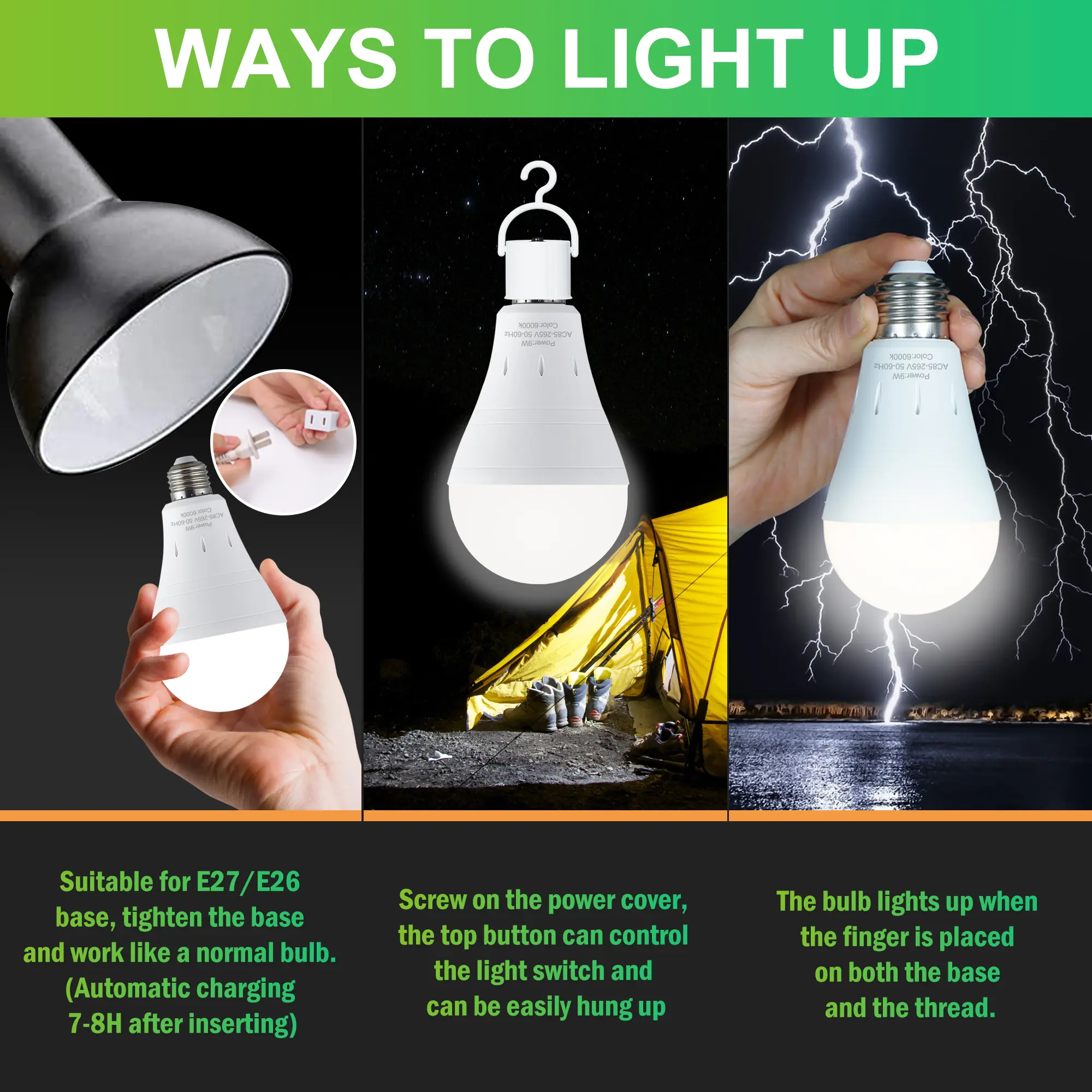 DEBAOBULB Rechargeable Emergency Light Bulbs Battery Powered LED Light Bulb 6000K Daylight E26 120 Volt 9W 60W Equivalent with 1200mAh for Home Power Outage Camping Hurricane SummerVibes