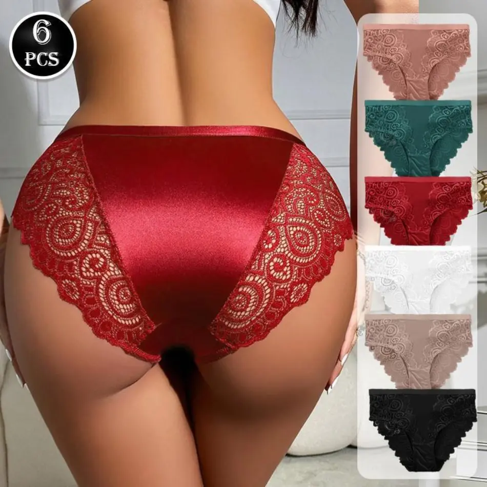 Women's 6-Piece Pack High-Waist Lace Panties, Soft Breathable Floral Sports Underwear for Women & Lady, All-Season Intimates, Valentine’s Day Gift, Multiple Colors, Everyday Wear