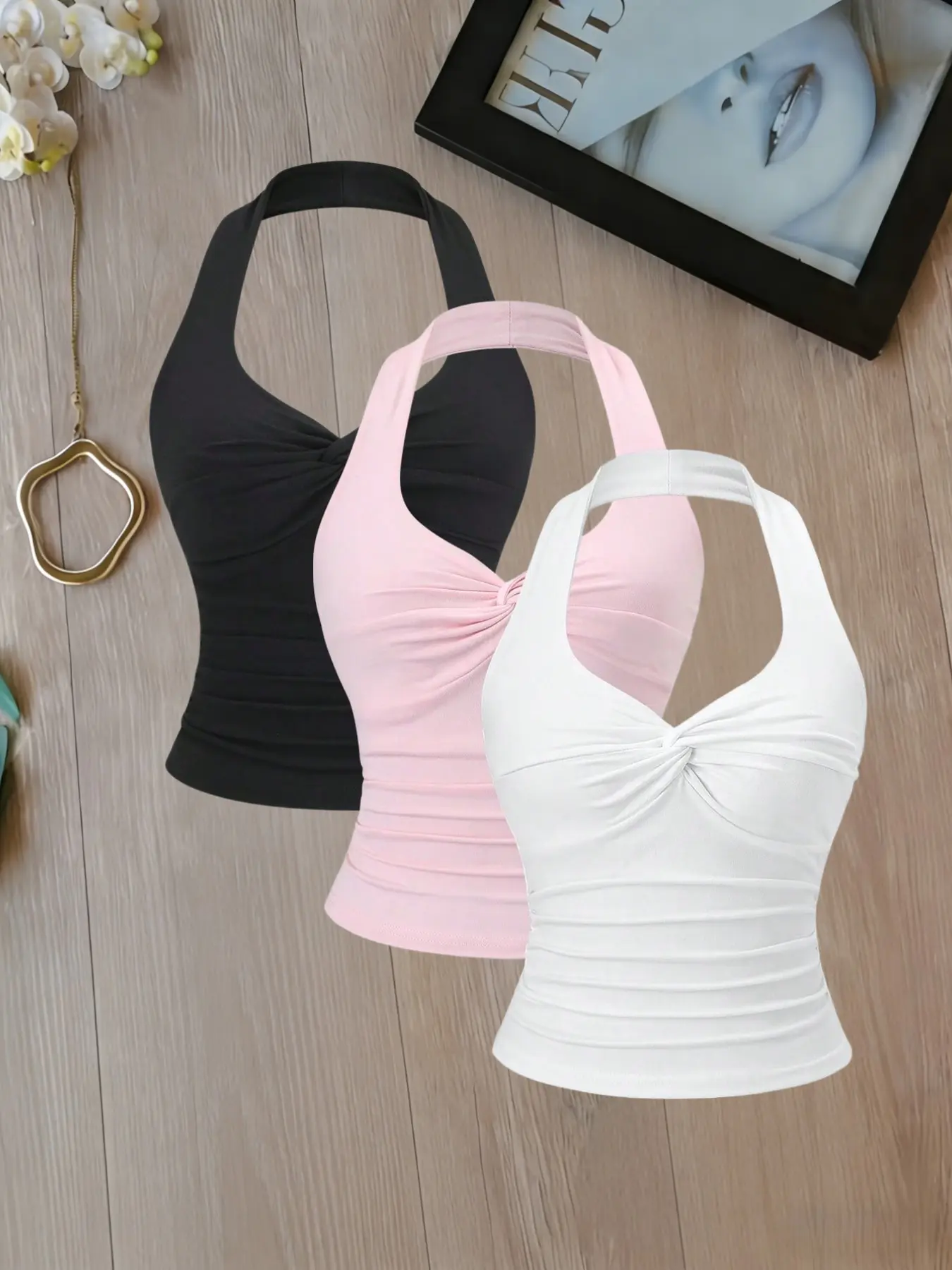 Three-Piece Halter Neck Ruched Knot Short Top, Draped Halter Top, Slim-Fit Solid Color Sleeveless Vest, Camisole Tank Top, Stylish and Comfortable Women's Fashion, Womenswear