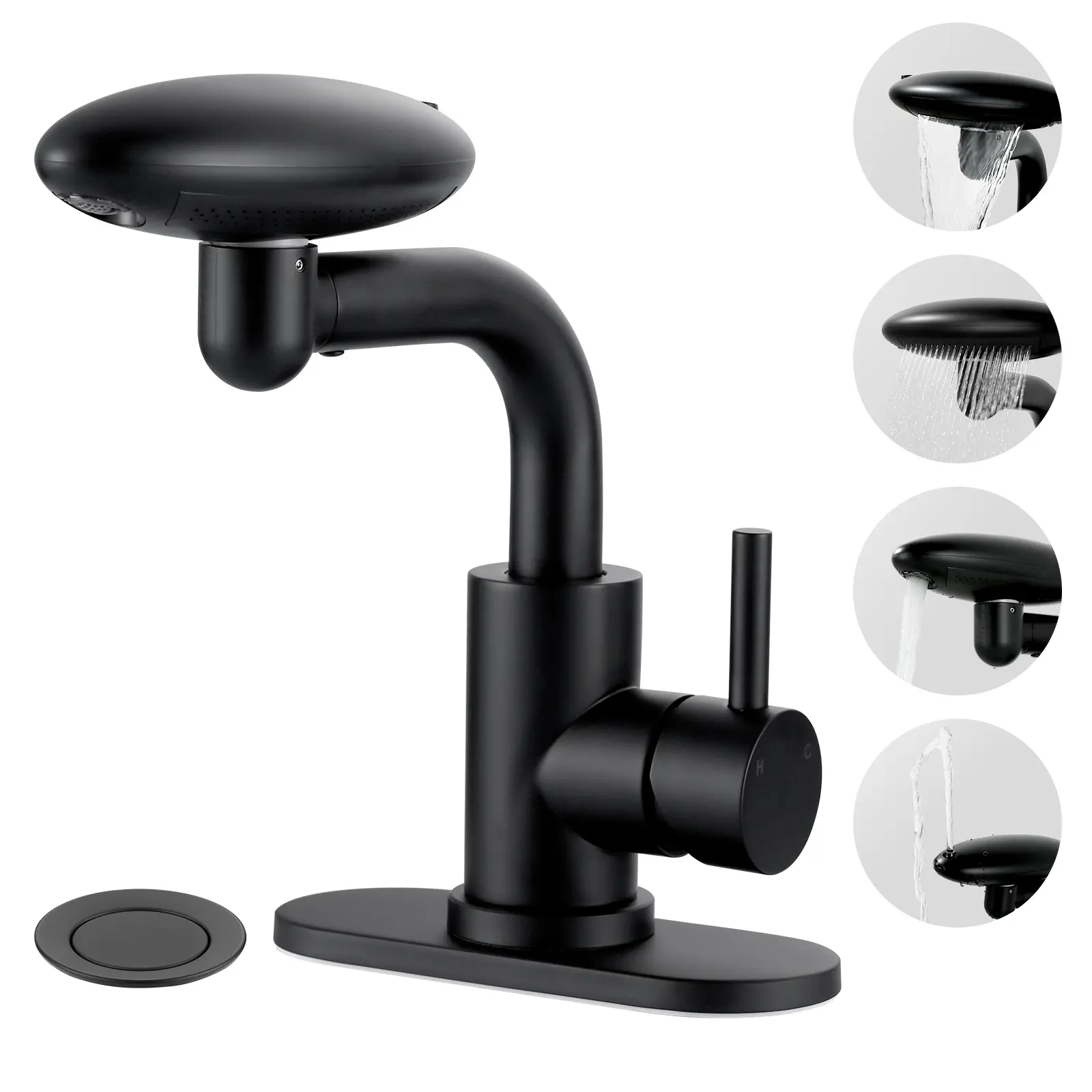WOWOW Vintage Rustic Traditional Bathroom Sink Tap - Stainless Steel Single Handle, 4-Mode (Waterfall, Hands-Free Brushing, Rainfall, Bubble Stream), 360° Swiveling, 1/3 Hole Compatible, Mounted Pullout Vanity Fixture with Ceramic Cartridge, French Countr