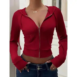Women's Solid Color Zipper Front Raglan Sleeve Casual Hooded Jacket Fabric Fit Bomber Womenswear Elastic Medium Polyester Knitted Can be used with raincoat