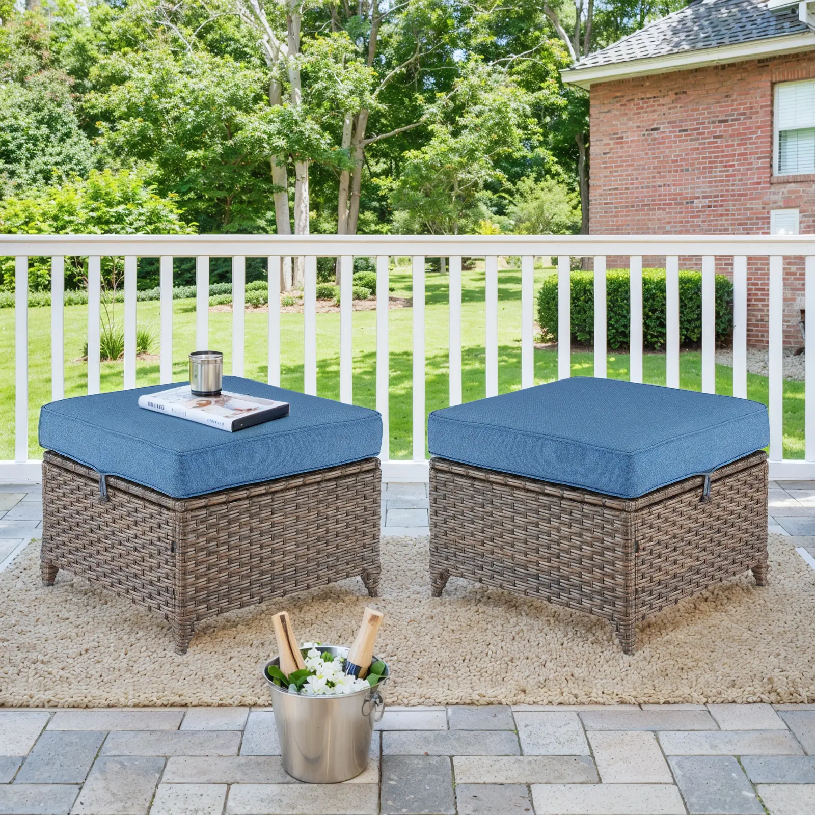 2 Piece-Outdoor Wicker Ottomans Rattan Footrests - Heavy Duty Outside Resin Rattan Lawn Footstools for Front Porch Balcony Backyard Yard Deck Apartment,DAR Series