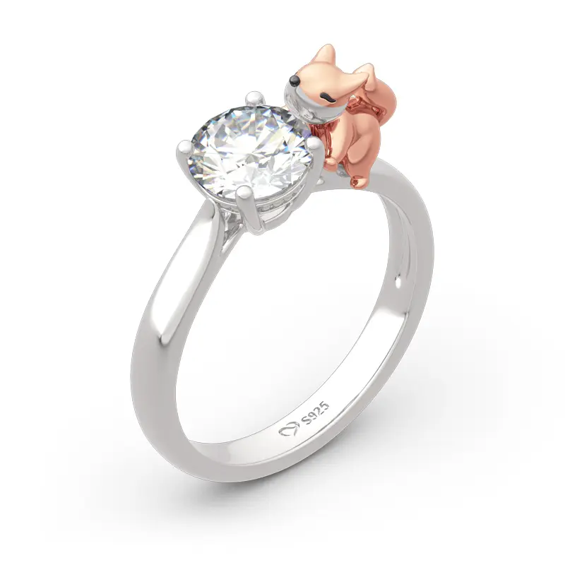 Jeulia Hug Me "Baby Fox" Round Cut 2.5 ct Stone Hugger Unisex Sterling Silver Ring, 1.3 mm Cute Charm Fox Motif Jewelry for Daily Wear, Beautiful Rings