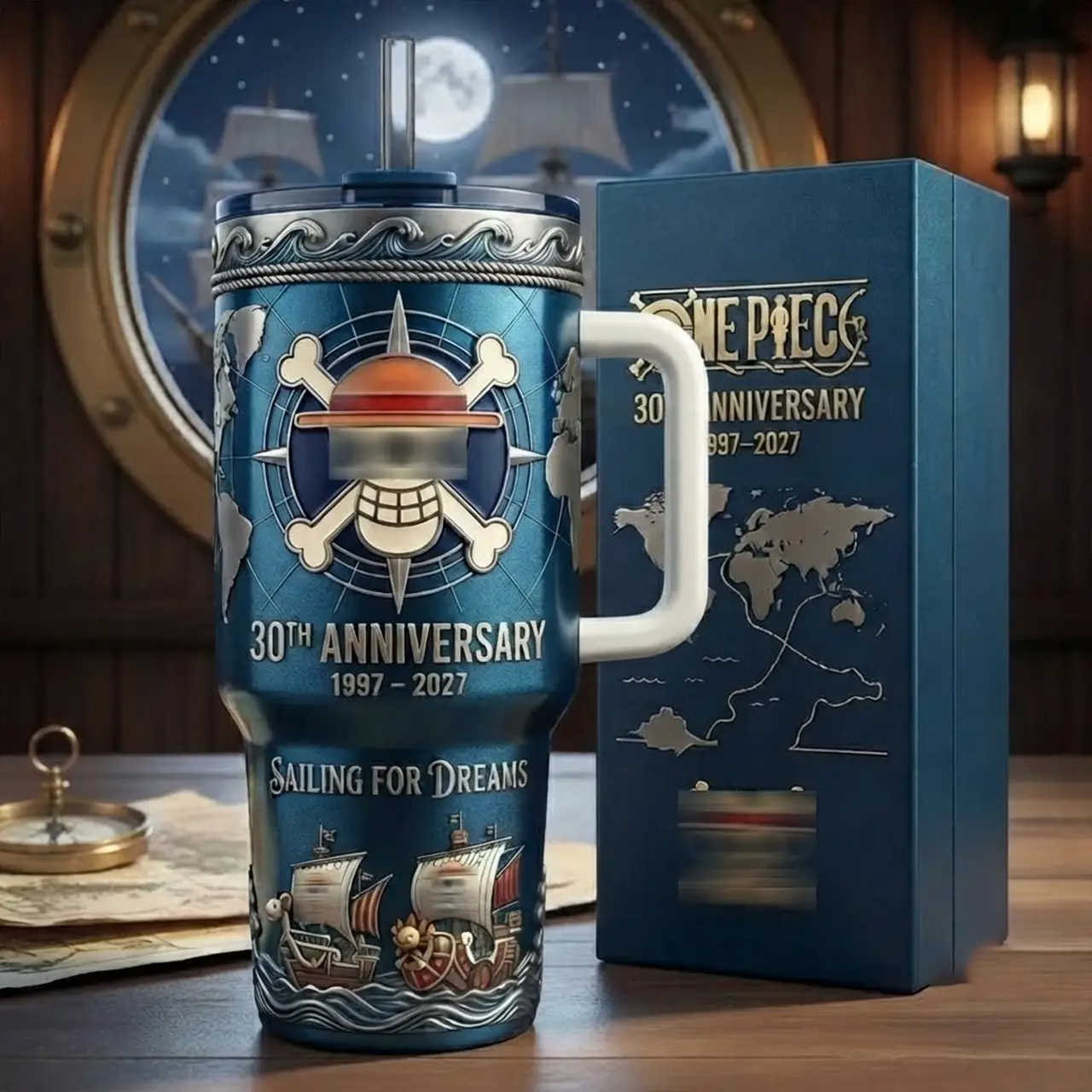 One "Straw Hat Pirates " Piece 30Th Anniversary 1997-2027 Tumbler 40oz With Handle & Straw, Limited Edition Collector Cup, Sailing For Dreams Stainless Steel Travel Mug, Straw Hat Pirates Limited Gift, Insulated Drinkware