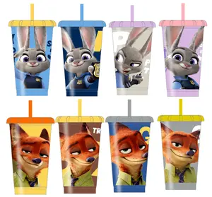 Disney Zootopia Series 4-Piece Set of Plastic Straw Cups 520mL - Nick Judy Drinking Bottle Portable Water Bottle With LidWashable Bottle For Sport Outgoing Birthday Gift For KidBack To School Gift