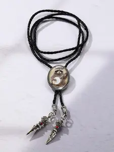 A Vintage Raccoon Playing Banjo Bolo Tie for Men, Western Cowboy Unique Style with Silver Vajra Pendant, Shirt Accessory