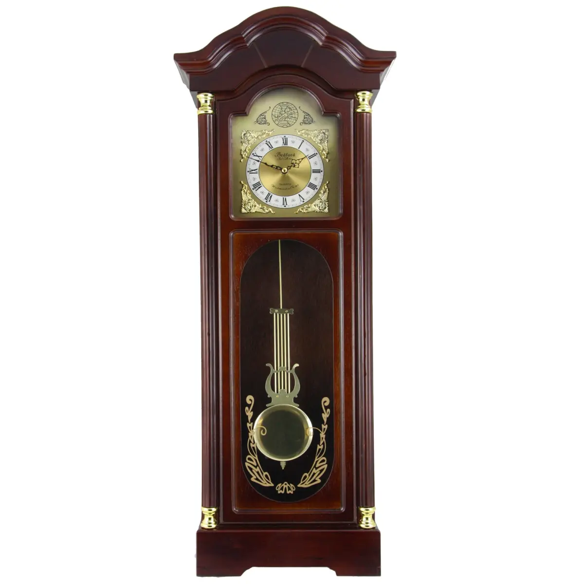 212 MAIN Bedford BED-1615 33 in. Classic Antique Cherry Chiming Wooden Wall Clock with Roman Numerals, Oak Finish, Home Decor, Gift-Ready, Sleep Mode Equipped