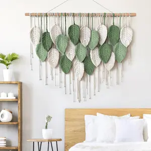 Large Handwoven Boho Macrame Leaf Tapestry - Hanging Cotton Rope Wall Art, Bohemian Home Decor for Living Room, Bedroom