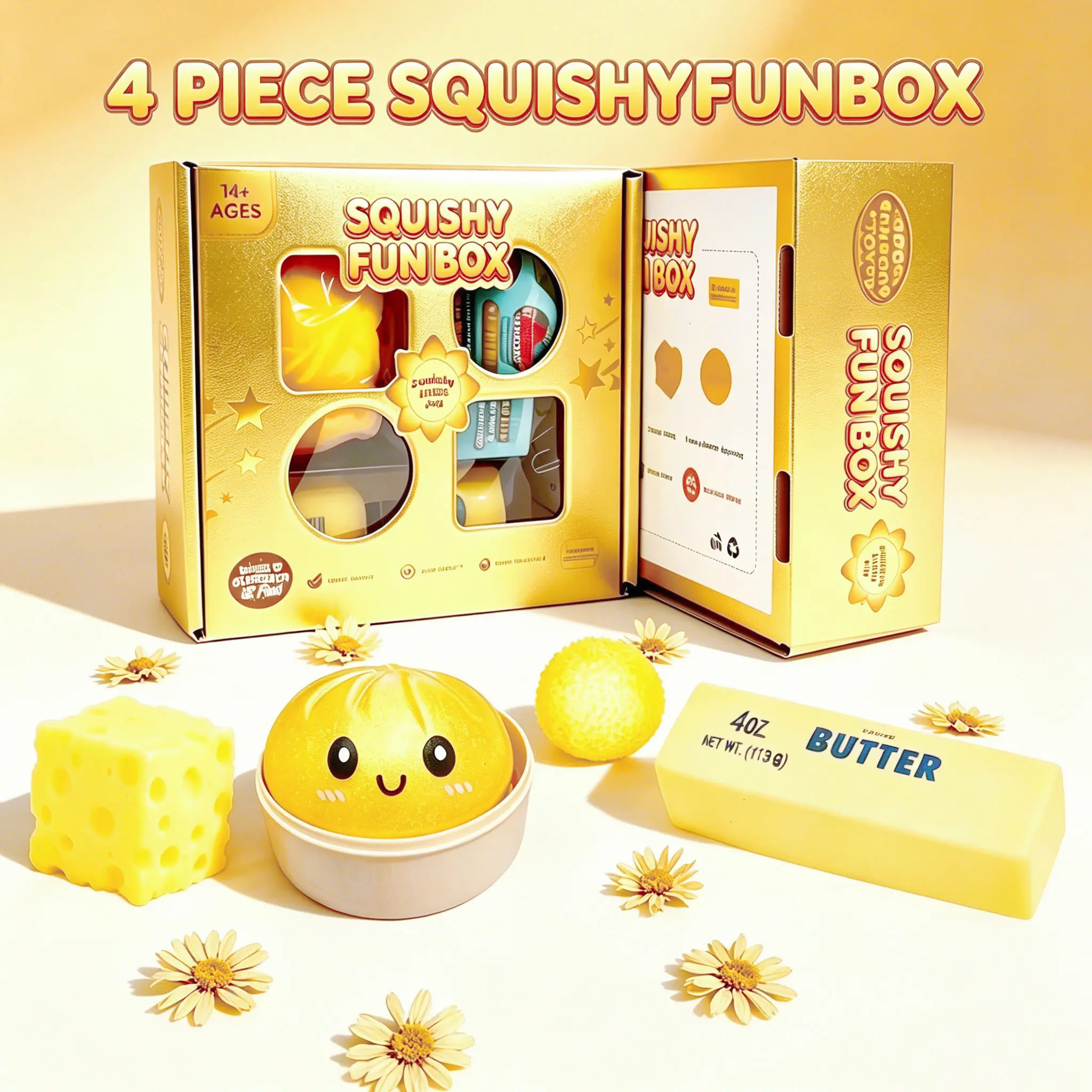 4-Piece Slow-Rebound Squishies Stress Relief Set, Sensory Fidget Toy Gift Box with 4 Assorted Styles, Stress Ball Party Gifts for Festive Occasions, Slow Rising Squishy