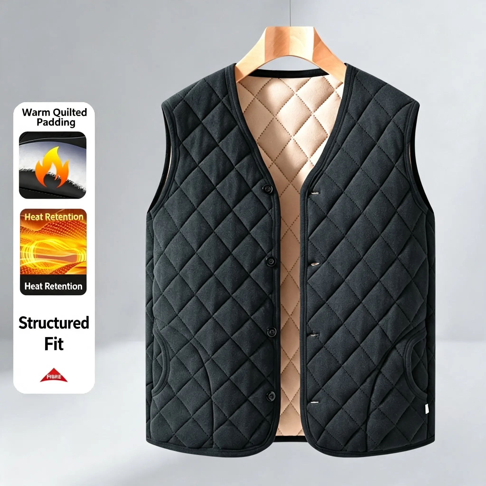 Men’s Thickened V-Neck Vest with Button Closure - Heat Retention Layering Top for Autumn/Winter, Wearable As Underlayer or Outer Layer