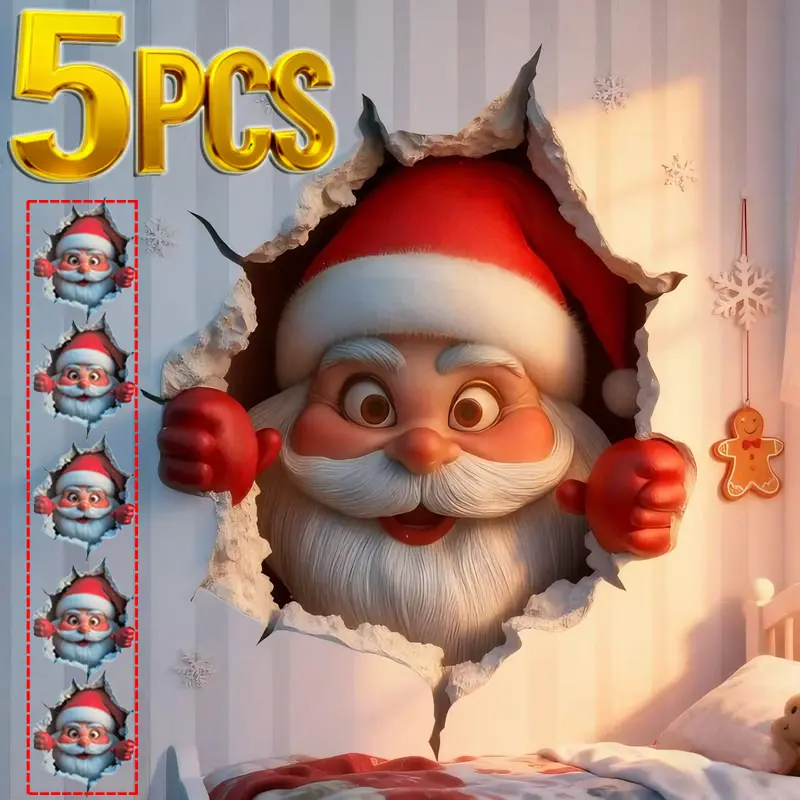 5PCS PVC Christmas Wall Stickers, Funny Santa Claus Decorative Self-Adhesive Waterproof Holiday Decor, Easy to Apply & Remove, Festive Home Decoration, Fun Gift Idea for Warm Christmas Atmosphere
