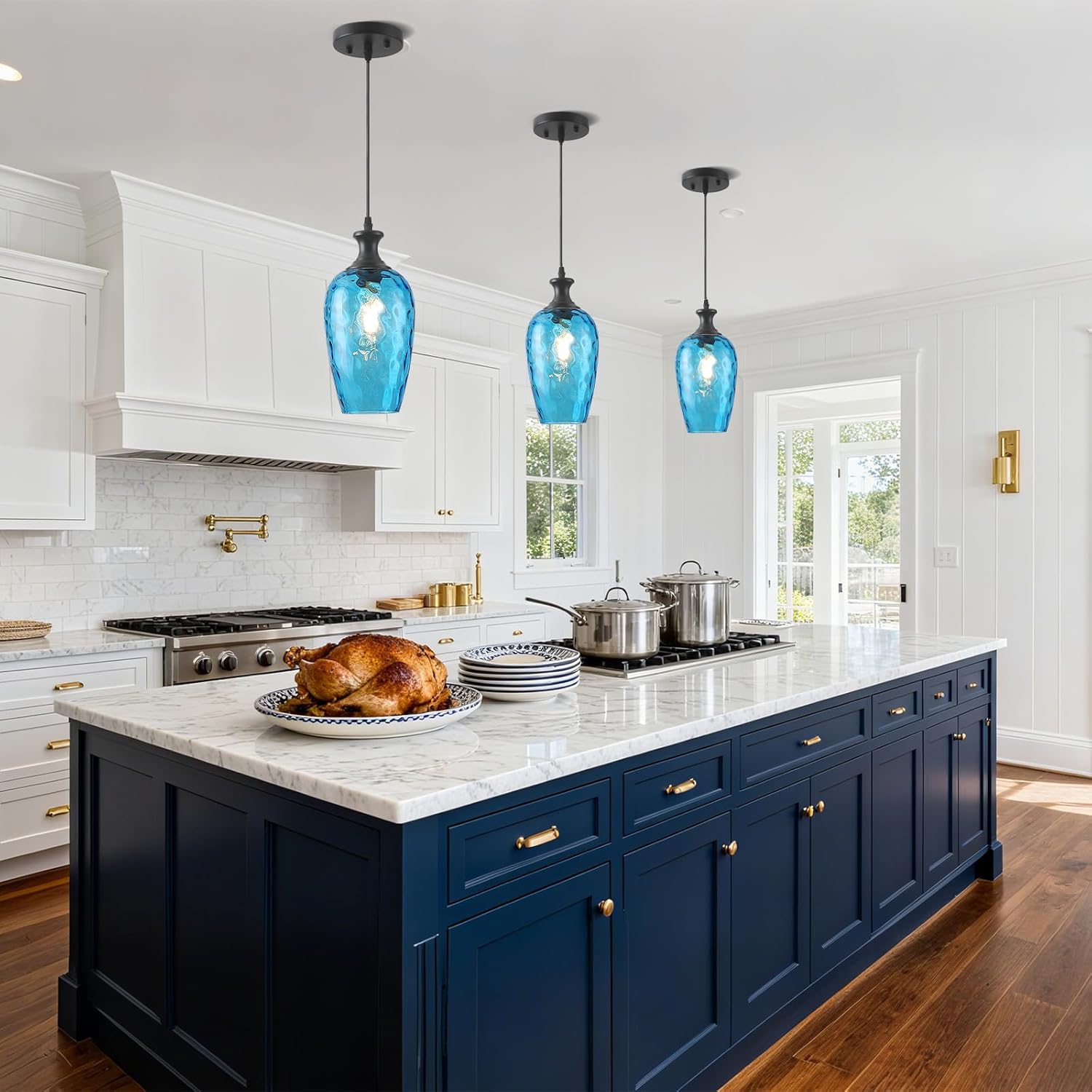 Glass Pendant Lights Kitchen Island, 1-Light Blue Pendant Light Fixtures with Hammered Glass Modern Farmhouse Hanging Light for Kitchen Sink Dining Room Bedroom