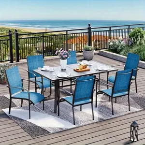 7-Piece All-Weather Patio Dining Set with 6 Textilene Chairs & Rust-Resistant Iron Table, Adjustable Umbrella Hole for Poolside, Backyard, Deck, Lawn, Blue/Brown/Gray