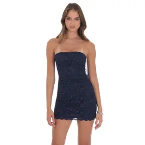 Lucy In The Sky Strapless Lace Back Bow Dress in Navy