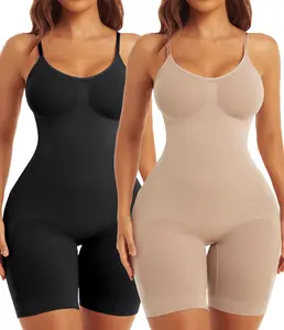 Women's Plus-Size Seamless Spaghetti Strap Built-In Support Tummy-Control Waist-Tightening Smooth Shapewear Bodysuit - Compression Fit, Minimalist Basic, Butt Lifting, Thigh Slimmer Shorts, Built-In Shapewear Bodysuit
