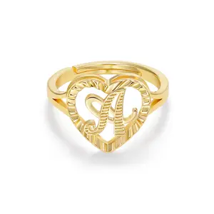 KissYan Gold Initial Letter Rings for Women, 14K Vintage Dainty Heart Adjustable Non-Tarnish Name Ring Jewelry Gift