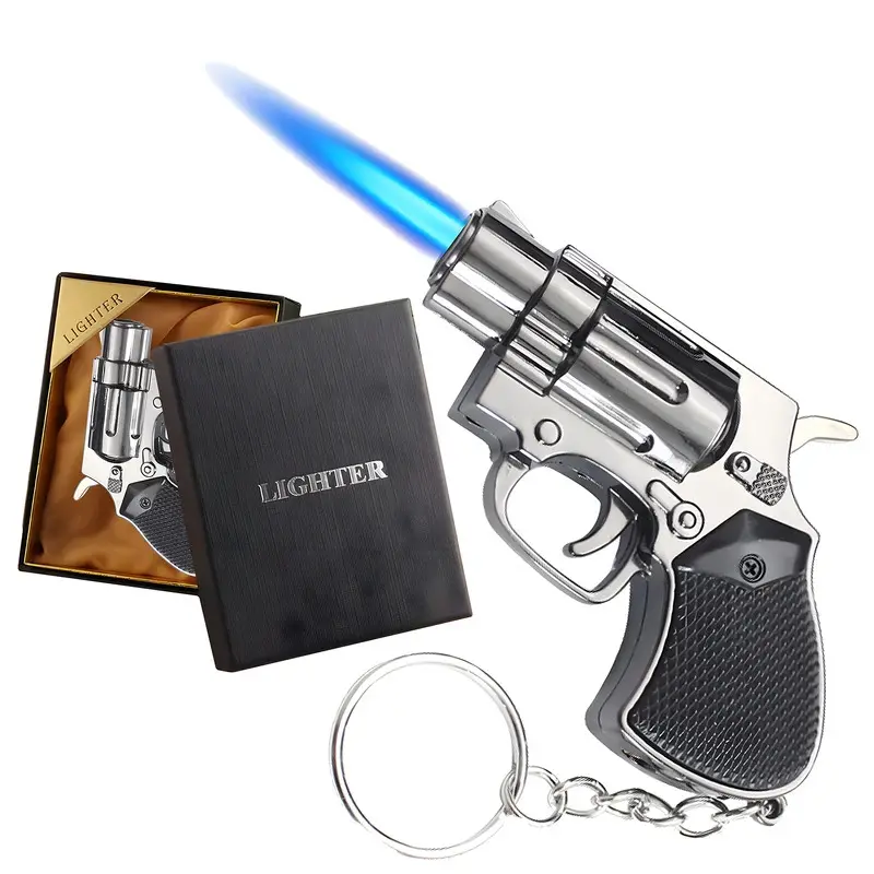 Cool Gun Shape Jet Flame Torch Lighter Windproof Adjustable Flame Refillable Butane for Cigar Gifts Outdoor (Without Butane Gas)