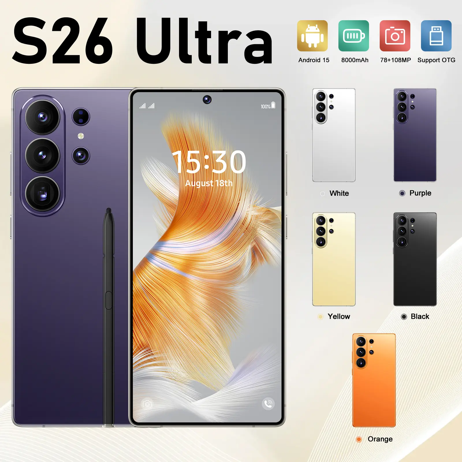 2026 Upgraded S26 Ultra 5G Unlocked Phone | 12GB+512GB | Android 15 | 6.99" HD Screen | 78MP+108MP Camera | 8000mAh | Built-in Pen | Dual SIM