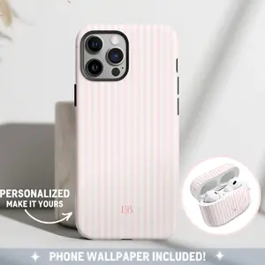 Magsafe Personalized Pink Phone Case, Custom Monogram Phone Case, Magsafe Compatible Aesthetic Pink Striped Phone Case, Wireless Charging Compatible Phone Case, Preppy Phonecase Beachy