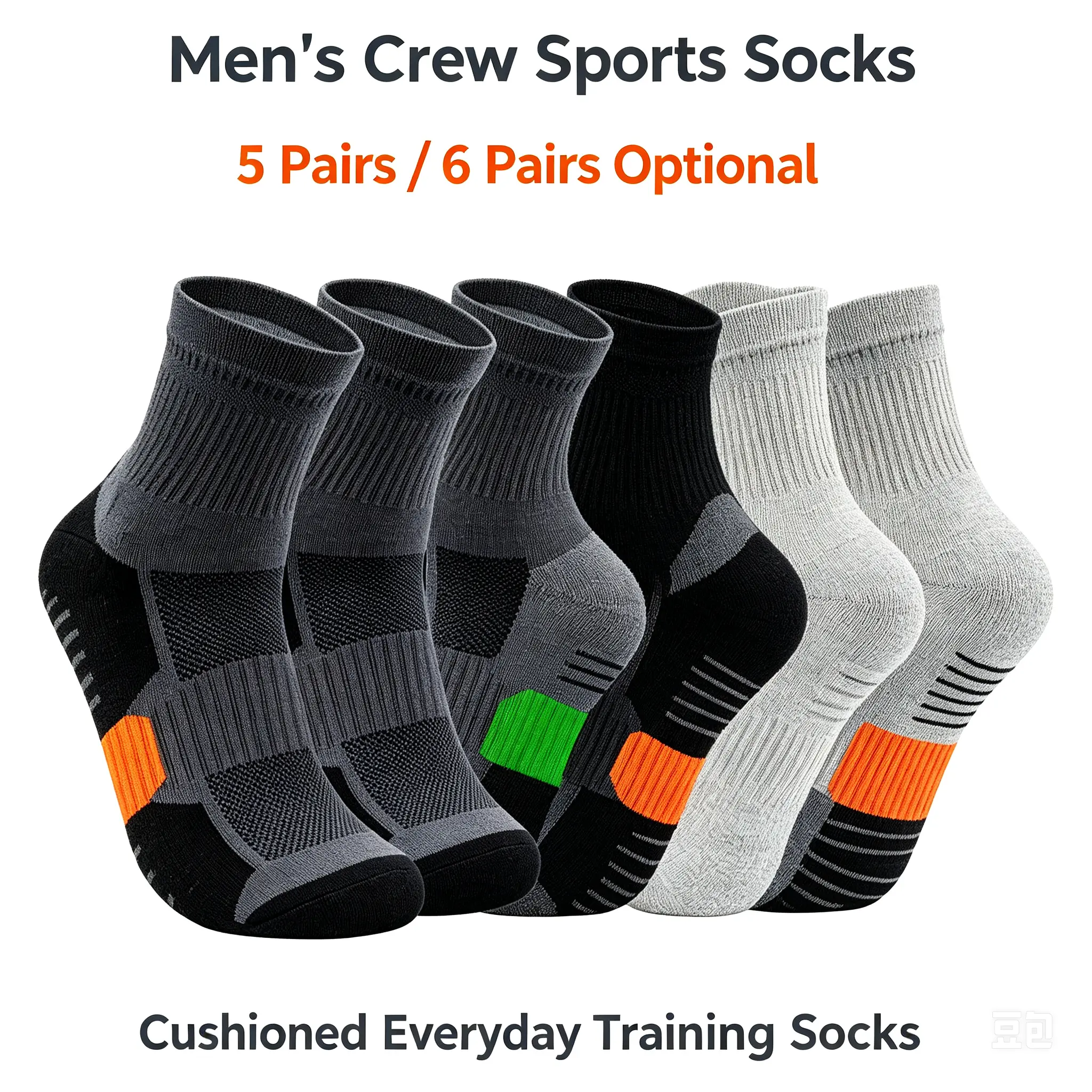 Men's Crew Sports Socks - 5 Pairs/6 Pairs Optional - Cushioned, Supportive Socks for Everyday Training