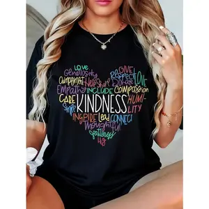 Raglan Sleeve Black T-Shirt with Colorful Kindness Words Print for Casual Wear, Summer, Personalized Tee, Unisex, USA Made Cotton Fabric