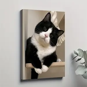 2D flat painting, 2D flat painting, 1 piece of 2D art, a cute canvas painting depicting a curious suit-wearing cat, suitable as a poster or wall decoration for the living room, decorated with a sturdy wooden frame, dimensions are 11.81 x 17.72inch