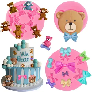 3 Pcs Bear Silicone Mold Fondant Bear Mold Candy Cake Bow Chocolate Moulds for Cake Decoration, DIY Desserts, Cupcake, Fondant, Clay, Gum Paste