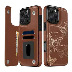 Creative and Simple Butterfly Pattern Leather Card Holder Phone Case, Suitable for iPhone 17 Air/16 Plus/15 Pro Max/14 Pro/13/12/11/XS Max/X Phone Case, Perfect Gift for Thanksgiving and Christmas for Family, Friends, Lovers, Boyfriend, Girlfriend
