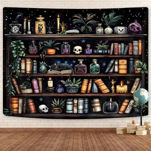 Bookshelf Tapestry Magical Library Witchy Tapestry, Vintage Fantasy Dark Bookshelf Hippie Cool Tapestry Gothic Skull Black Cat Book Aesthetic Tapestry for Ceiling Bedroom Study Classroom, 60X40