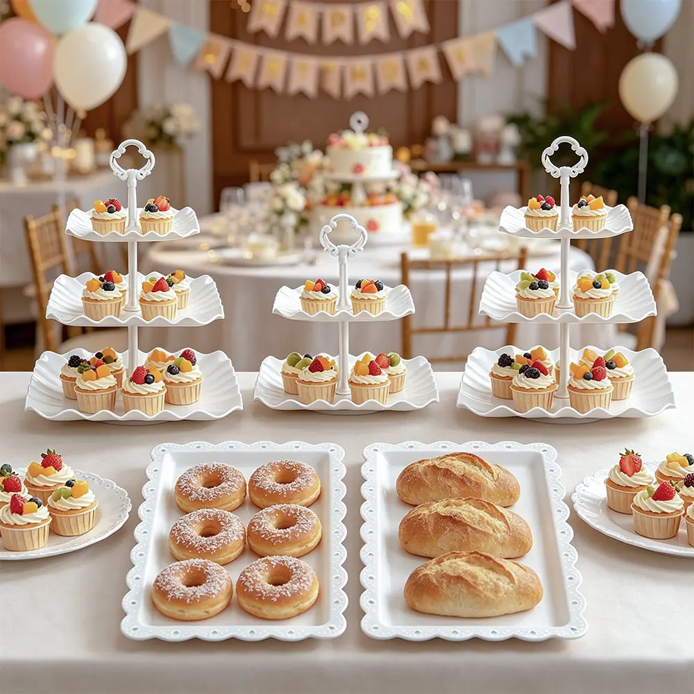 5pcs Plastic Cake Stand Set, Including 2 Three-Layer Plastic Cake Stands, 1 Two-Layer Plastic Cake Stand, And 2 Appetizer Plastic Trays. Suitable for Decoration Purposes Such As Weddings, Birthdays, Tea Parties, Etc.
