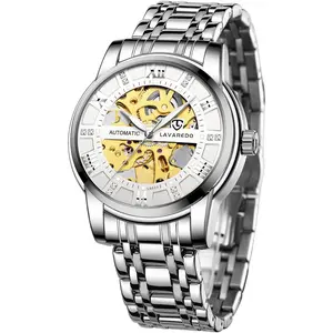 Mens Wtch Skeleton Luxury Mechnicl Stinless Steel Wterproof Blck utomtic Self-Winding Romn Numerls Dimond Dil Wrist Wtch