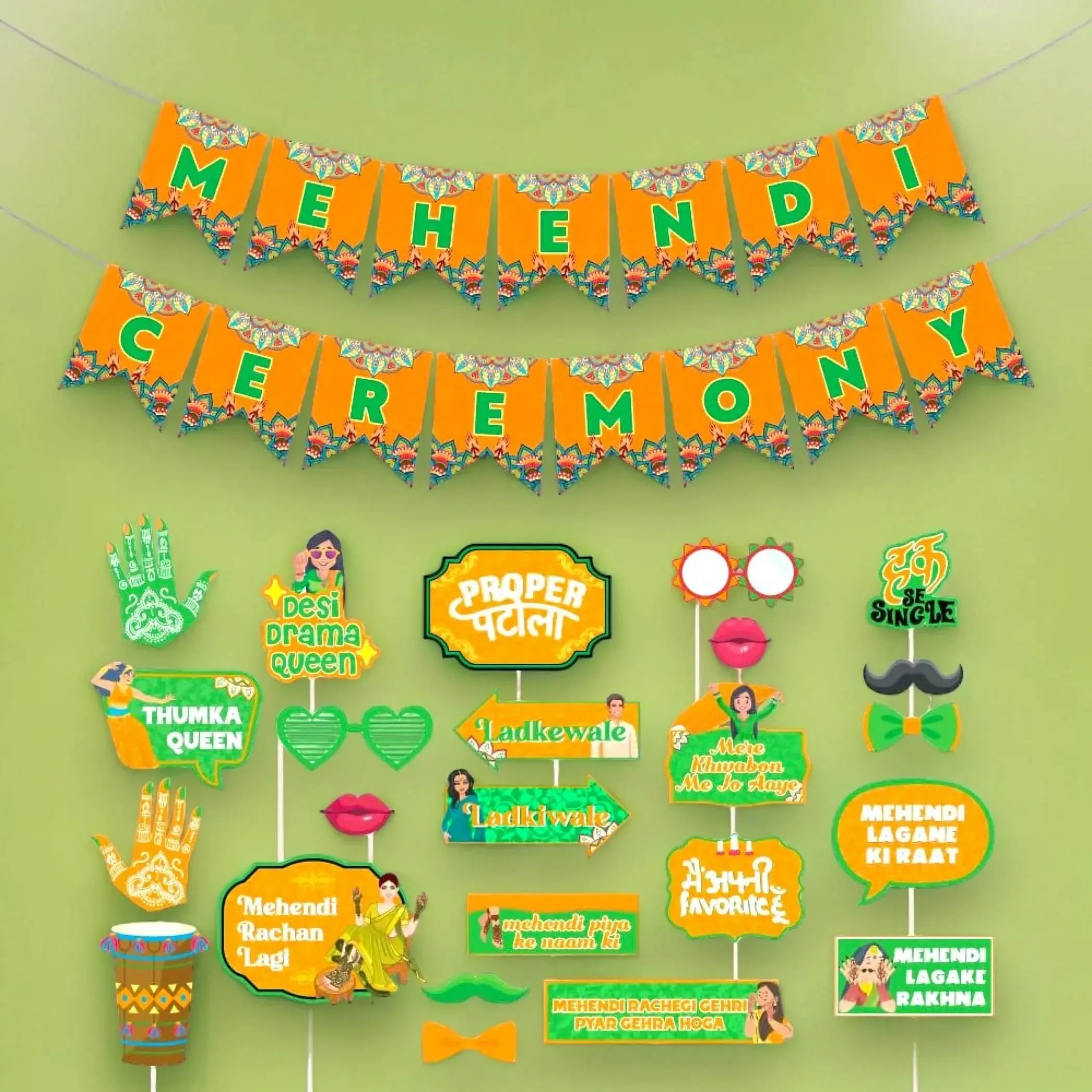 Celebrate Mehndi with Vibrant Photo Props & Banner | 24-Piece Fun For Bride & Family | Perfect Wedding Photoshoot Accessory