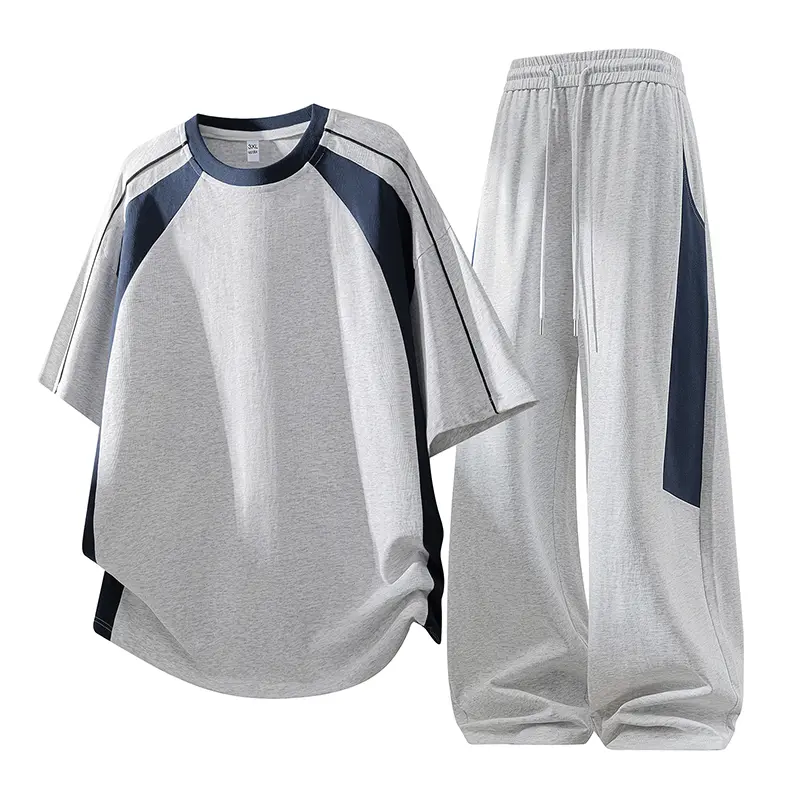 Men's 2-Piece Set, Color-Block Patchwork Shortsleeve T-Shirt & Loose Pants, Casual Summer Fashion Apparel Outfits, Menswear, Two Piece Set