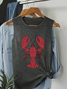 Women's Summer Casual Loose Crewneck Vest, Tank Top, Animal Lobster Print, Soft Comfortable Home Essential, Versatile Wear for Indoor and Outdoor