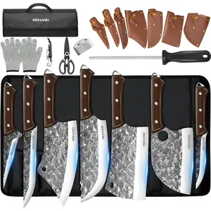 MDHAND Butcher Knife Set, 14PCS Hand Forged Butcher Chef Knife Set with Roll Bag, Heavy Duty Meat Cleaver, Fillet Knives, Meat Cutting Knife for Home Kitchen & Camping BBQ, Gifts for Men Women#fathersdaygift