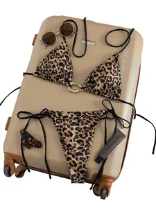 Women's Bikini Set, Leopard Print Design, Irregular Metal Accessories, Sexy Fashionable Beachwear, Summer Swimwear, Halter Neck Bikini, Leopard Print Bikinis