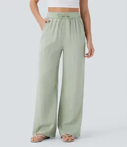【Creator’s Pick】Halara High Waisted Drawstring Pocket Wide Leg Baggy Casual Linen-Feel Pants